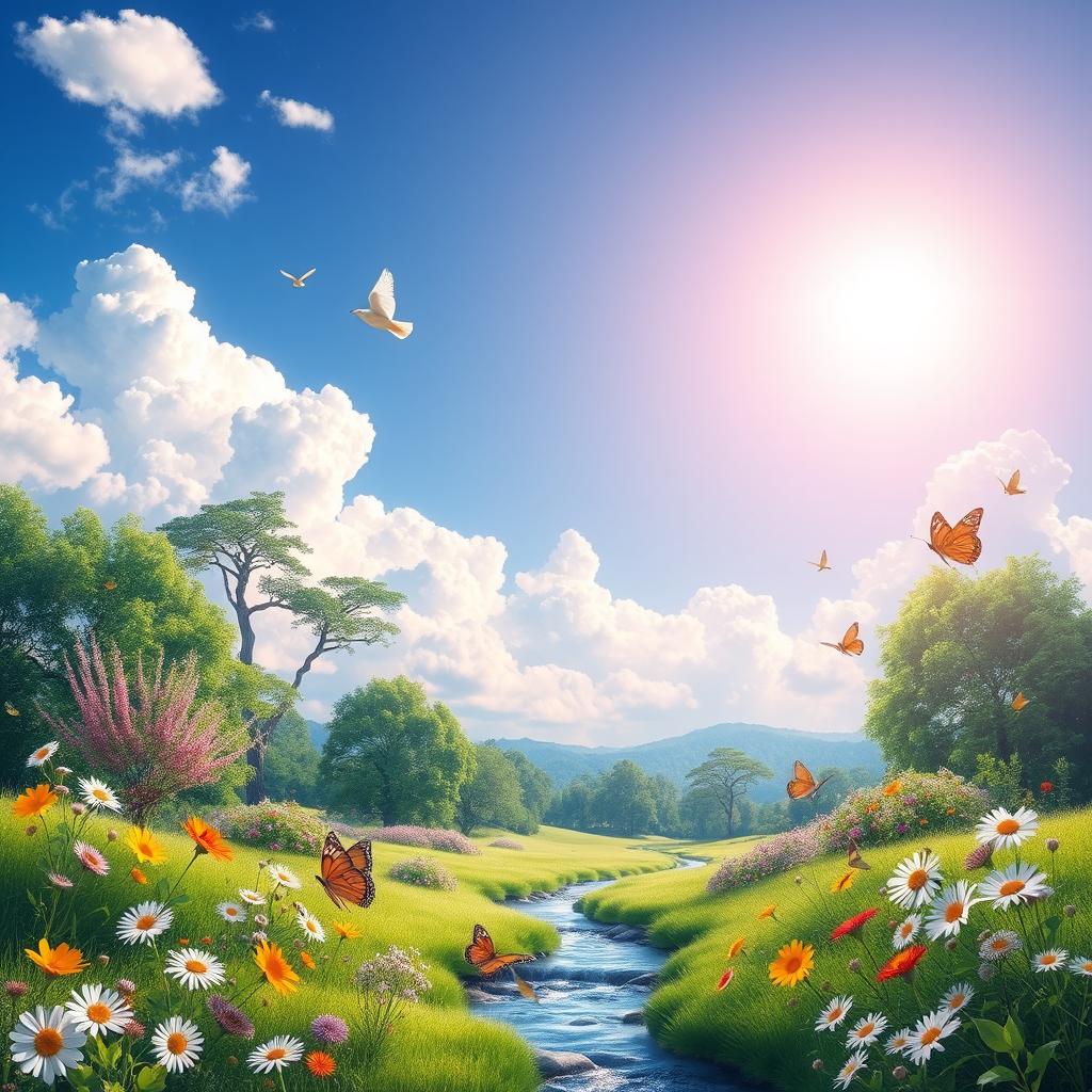 A beautiful and vibrant representation of life, showcasing a lush green landscape with blooming flowers, towering trees, and a clear blue sky filled with fluffy white clouds