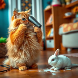 A fluffy orange cat with a round, kind face and a big belly, standing on its hind legs in its cozy home, using a hairdryer aimed at a small white rabbit that is lying on the floor, being dried off