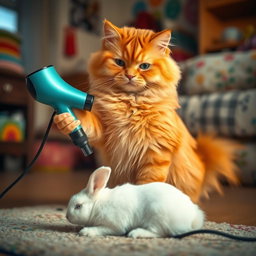 A fluffy orange cat with a round, kind face and a big belly, standing on its hind legs in its cozy home, using a hairdryer aimed at a small white rabbit that is lying on the floor, being dried off