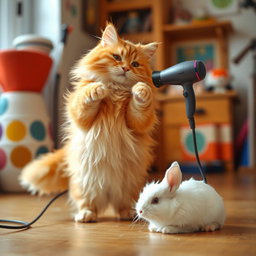 A fluffy orange cat with a round, kind face and a big belly, standing on its hind legs in its cozy home, using a hairdryer aimed at a small white rabbit that is lying on the floor, being dried off