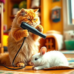 A fluffy orange cat with a round, kind face and a big belly, standing on its hind legs in its cozy home, using a hairdryer aimed at a small white rabbit that is lying on the floor, being dried off