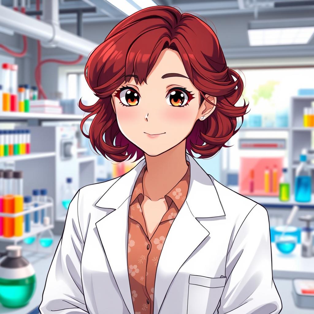 An anime girl in her mid-20s, featuring stunning dark red hair styled in loose curls that frame her face elegantly