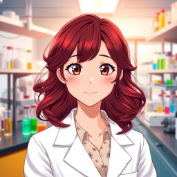 An anime girl in her mid-20s, featuring stunning dark red hair styled in loose curls that frame her face elegantly