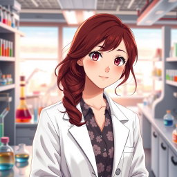 An anime girl in her mid-20s, featuring stunning dark red hair styled in loose curls that frame her face elegantly