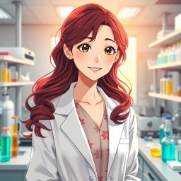 An anime girl in her mid-20s, featuring stunning dark red hair styled in loose curls that frame her face elegantly