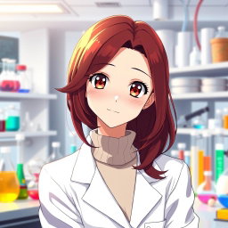 An anime girl in her mid-20s, with striking dark red hair styled in sleek, wavy layers that fall gracefully around her shoulders
