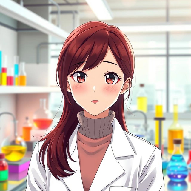 An anime girl in her mid-20s, with striking dark red hair styled in sleek, wavy layers that fall gracefully around her shoulders