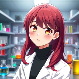 An anime girl in her mid-20s, with striking dark red hair styled in sleek, wavy layers that fall gracefully around her shoulders