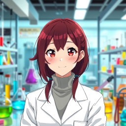 An anime girl in her mid-20s, with striking dark red hair styled in sleek, wavy layers that fall gracefully around her shoulders