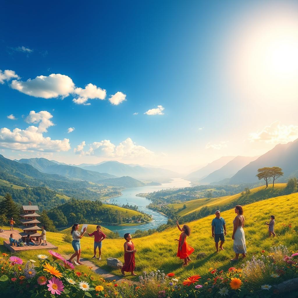 A serene and picturesque depiction of life, showcasing vibrant landscapes with lush greenery, blooming flowers, and a deep blue sky