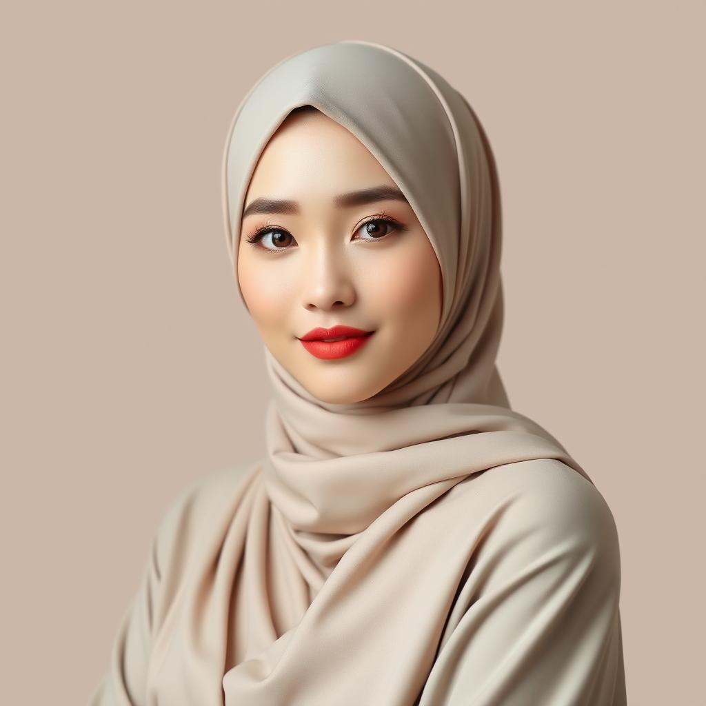 A beautiful South Korean woman wearing a stylish, partially open hijab that elegantly frames her face and showcases her beauty