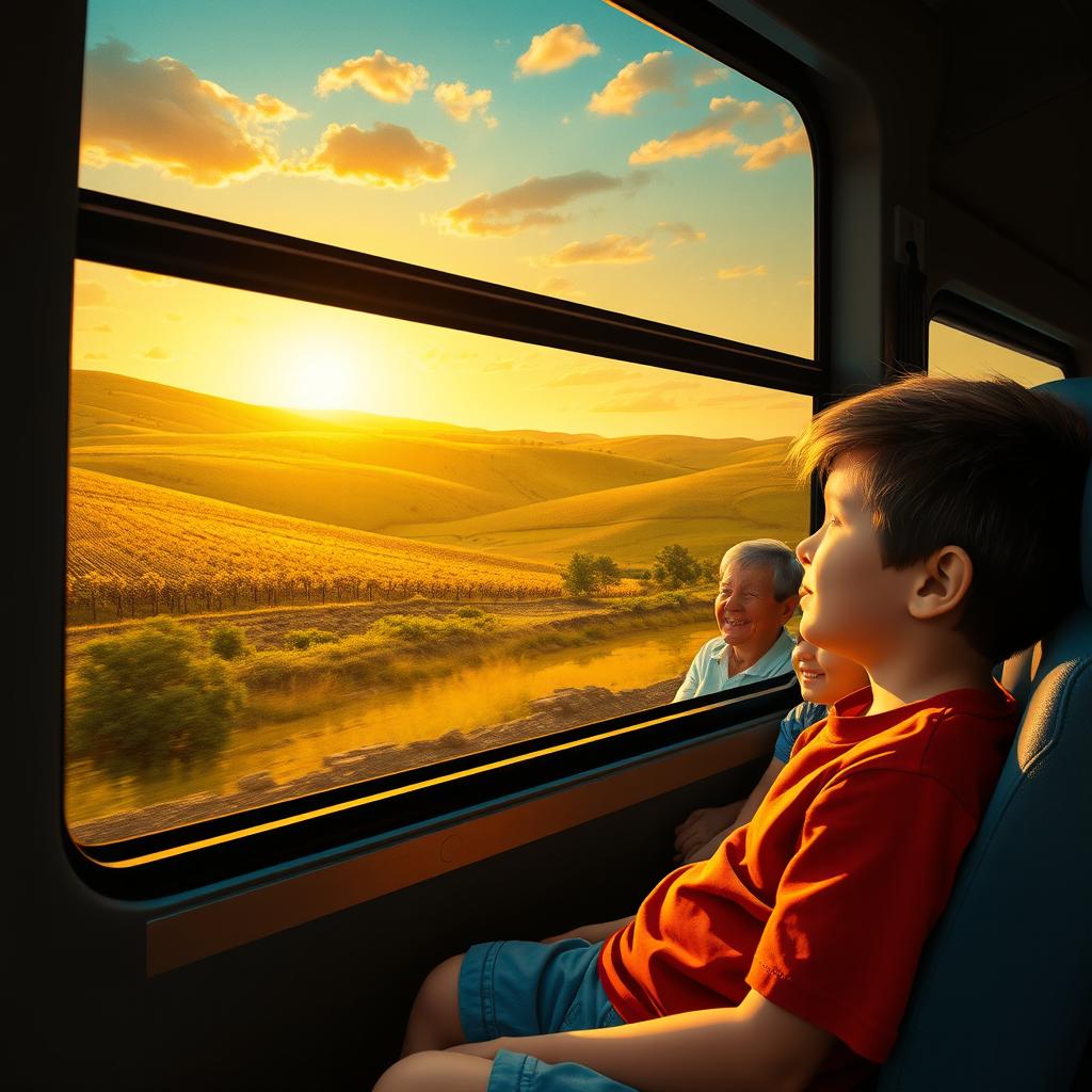 A young boy sitting by a window, lost in nostalgia, gazes at a passing landscape that evokes memories of his childhood