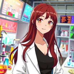 An anime girl in her mid-20s, with long, flowing dark red hair elegantly styled, cascading down her back