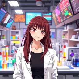 An anime girl in her mid-20s, with long, flowing dark red hair elegantly styled, cascading down her back