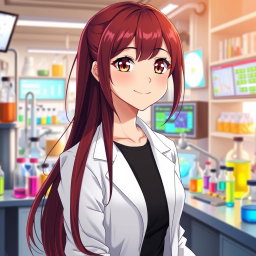 An anime girl in her mid-20s, with long, flowing dark red hair elegantly styled, cascading down her back