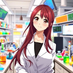 An anime girl in her mid-20s, with long, flowing dark red hair elegantly styled, cascading down her back