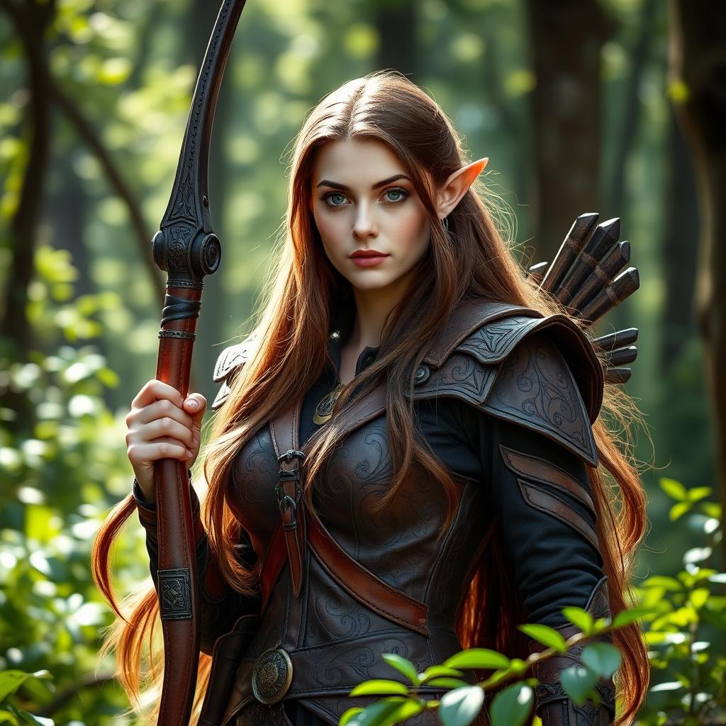 A stunning female elf ranger with long flowing brown hair, wearing a beautifully crafted leather armor adorned with intricate patterns, standing gracefully in an enchanted forest