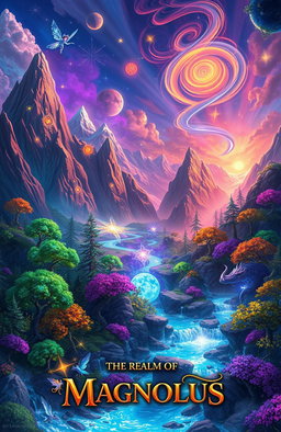 A fantastical landscape from 'The Realm of Magnolus', depicting vibrant and enchanting realms filled with magic