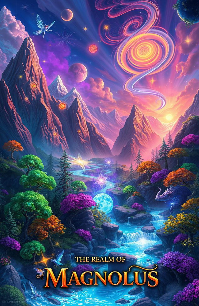 A fantastical landscape from 'The Realm of Magnolus', depicting vibrant and enchanting realms filled with magic