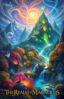 A fantastical landscape from 'The Realm of Magnolus', depicting vibrant and enchanting realms filled with magic