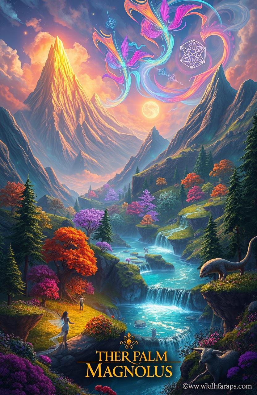 A fantastical landscape from 'The Realm of Magnolus', depicting vibrant and enchanting realms filled with magic