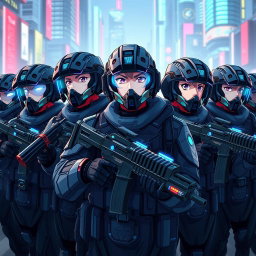 A group of anime soldiers, showcasing a diverse team in their mid-20s, all wearing high-tech combat gear