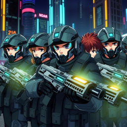 A group of anime soldiers, showcasing a diverse team in their mid-20s, all wearing high-tech combat gear