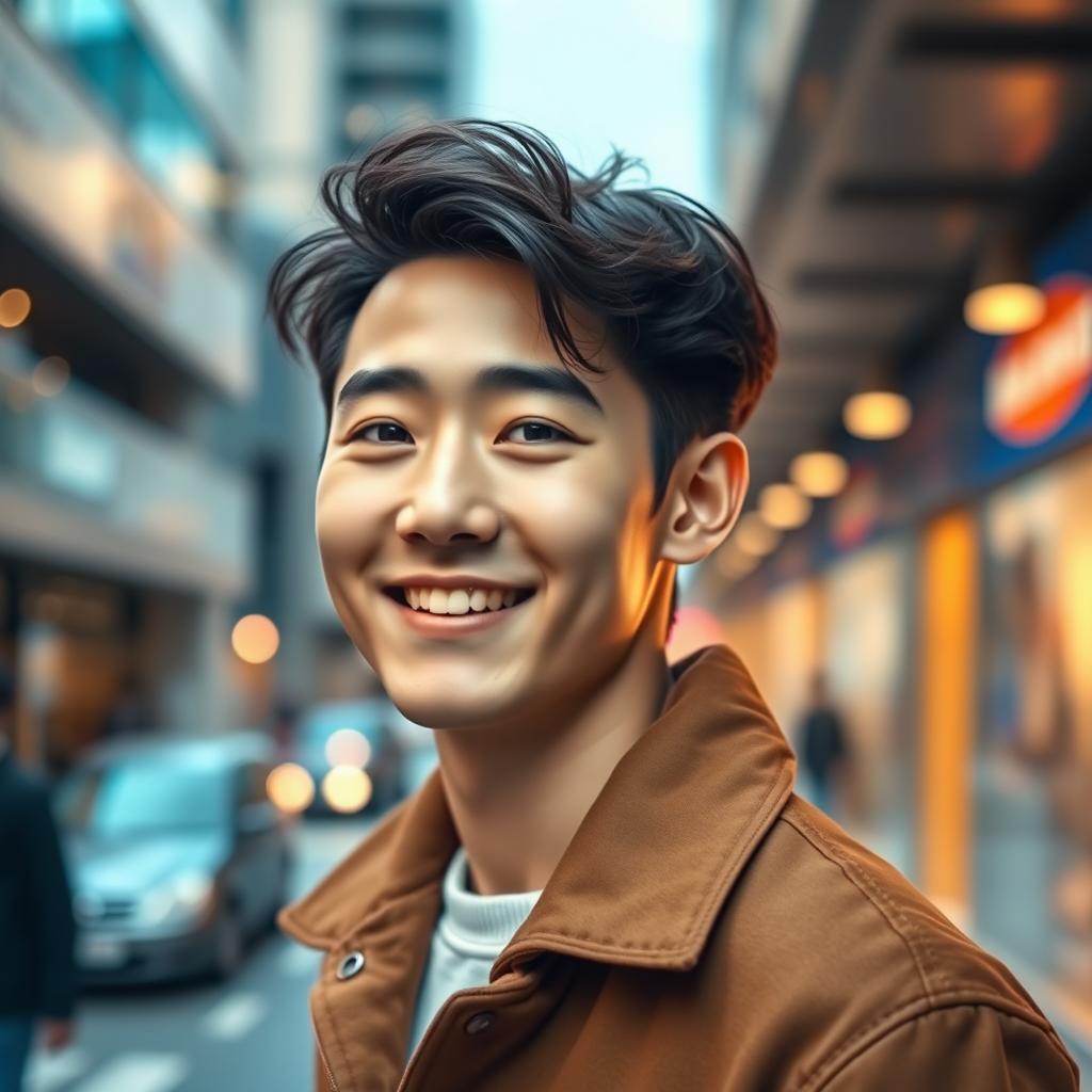 A handsome 29-year-old Korean man with stylish hair and warm smile, wearing a fashionable outfit