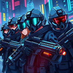 A group of anime soldiers, showcasing a diverse team in their mid-20s, all wearing high-tech combat gear