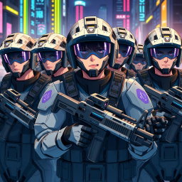 A group of anime soldiers, showcasing a diverse team in their mid-20s, all wearing high-tech combat gear