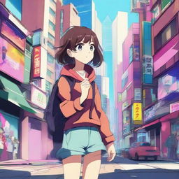 Create an anime-style scene with vibrant colors and intricate details, featuring a spirited main character in a bustling cityscape.