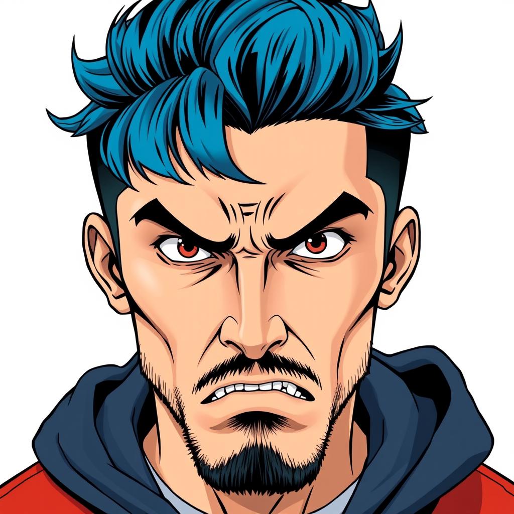 A full portrait of a guy asking something in a mean way, capturing a bold and confrontational expression