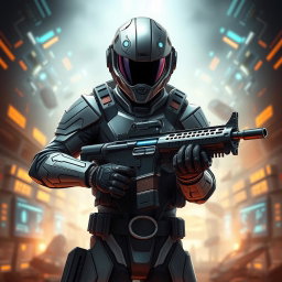 An anime soldier in futuristic high-tech gear, with a helmet that completely conceals their face, adding an air of mystery and intrigue