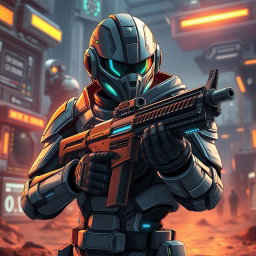 An anime soldier in futuristic high-tech gear, with a helmet that completely conceals their face, adding an air of mystery and intrigue