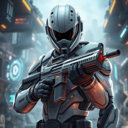 An anime soldier in futuristic high-tech gear, with a helmet that completely conceals their face, adding an air of mystery and intrigue