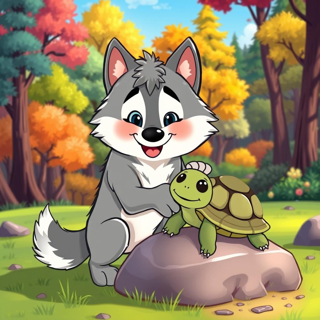 A heartwarming cartoon scene depicting a friendly wolf gently helping a turtle