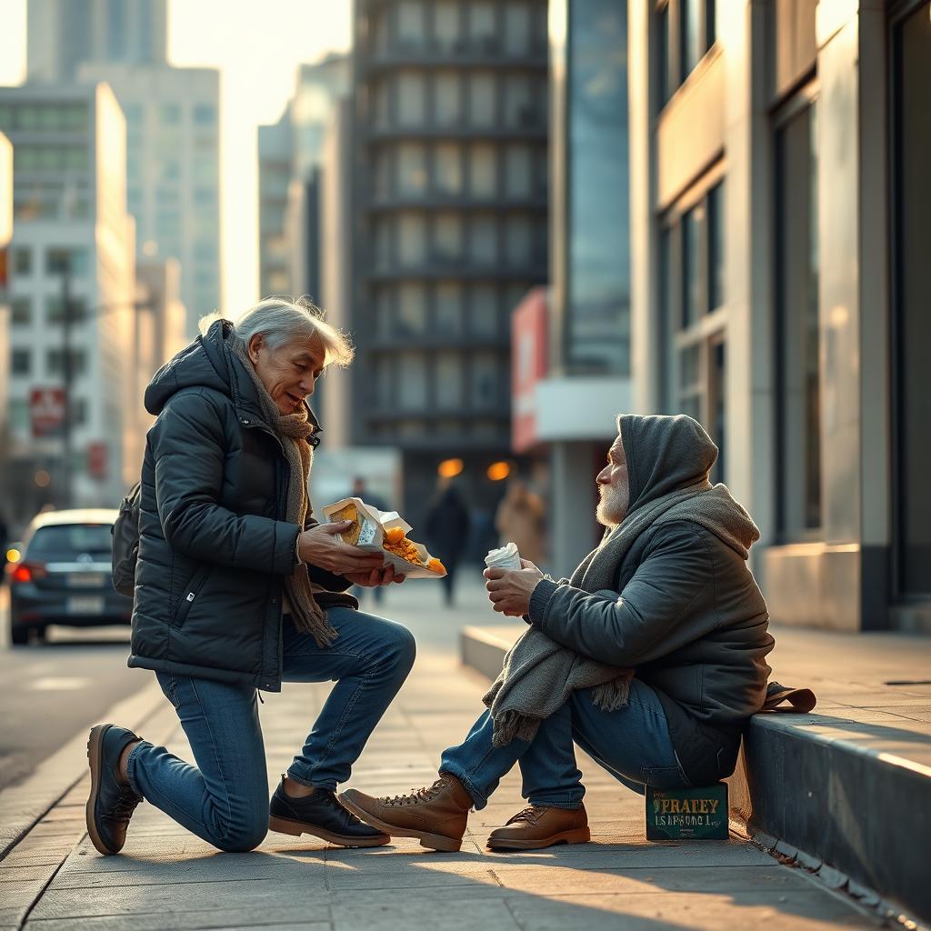 A compassionate scene depicting a kind-hearted person helping a homeless individual