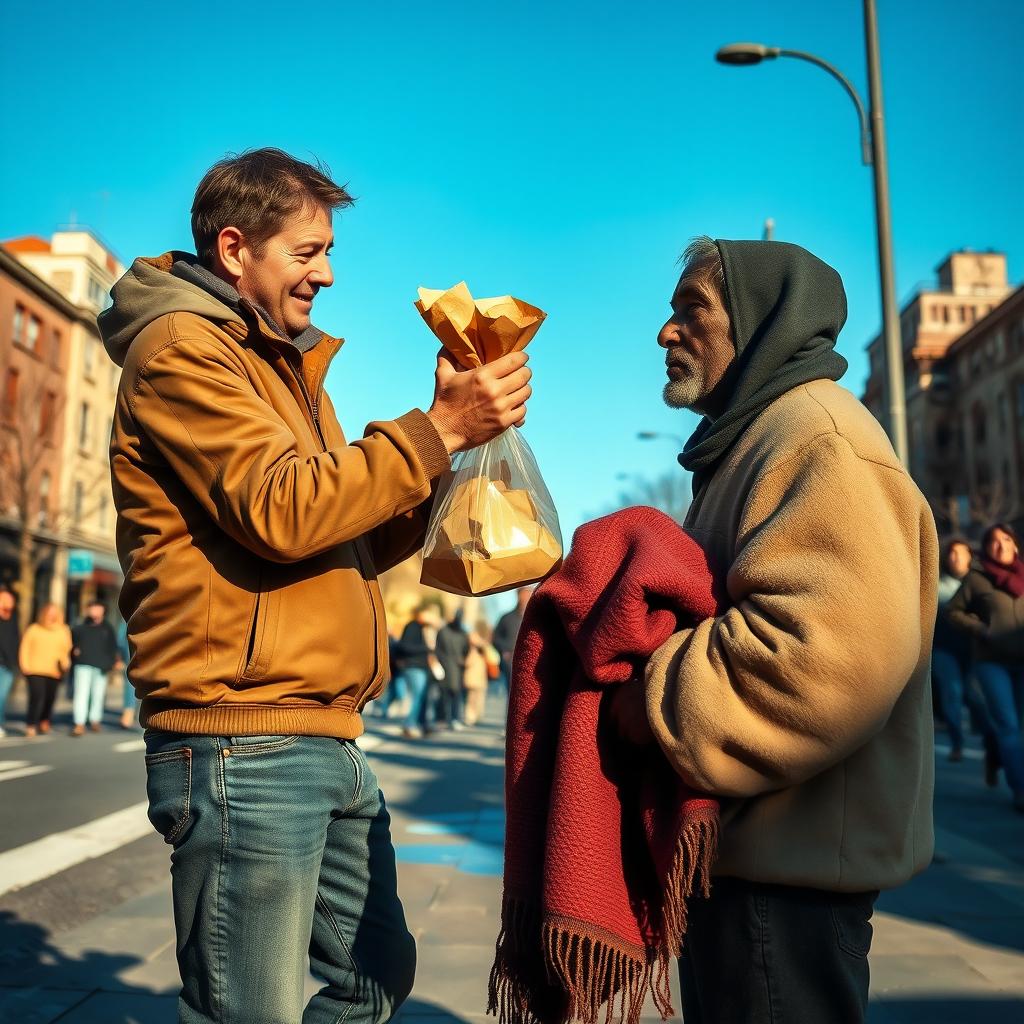 A compassionate scene depicting an adult man helping a homeless person on a city street