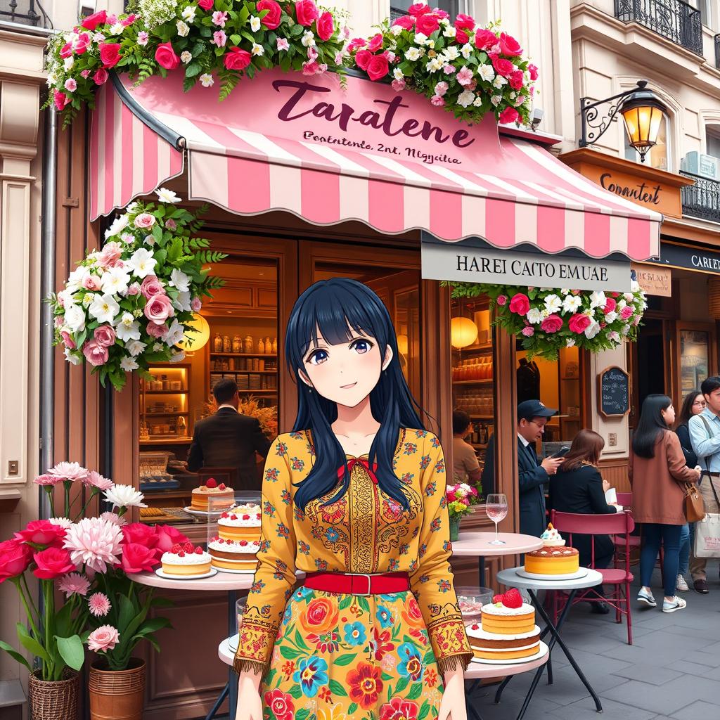 A Korean anime woman standing in front of a charming Paris street café, surrounded by a beautiful display of flowers and delicious cakes