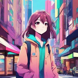 Create an anime-style scene with vibrant colors and intricate details, featuring a spirited main character in a bustling cityscape.