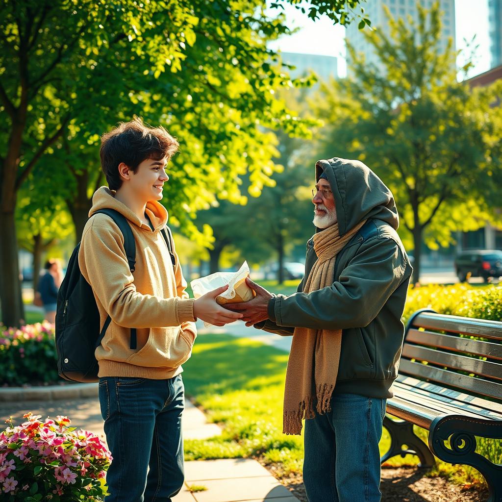 A compassionate scene depicting a kind-hearted individual extending a helping hand to a homeless person
