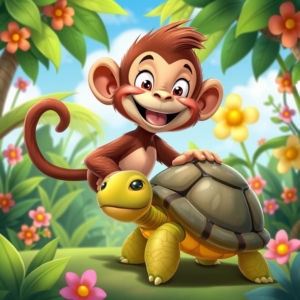 A delightful 2D cartoon illustration featuring a playful monkey helping a turtle by holding its tail