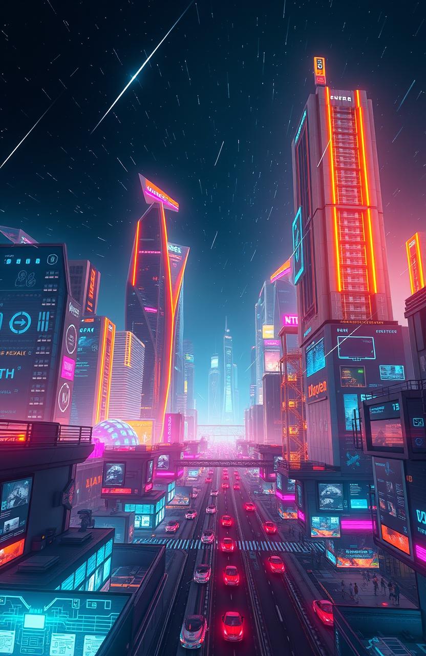 A futuristic and sleek representation of advanced technology, showcasing a high-tech cityscape at night, illuminated with neon lights and holographic displays