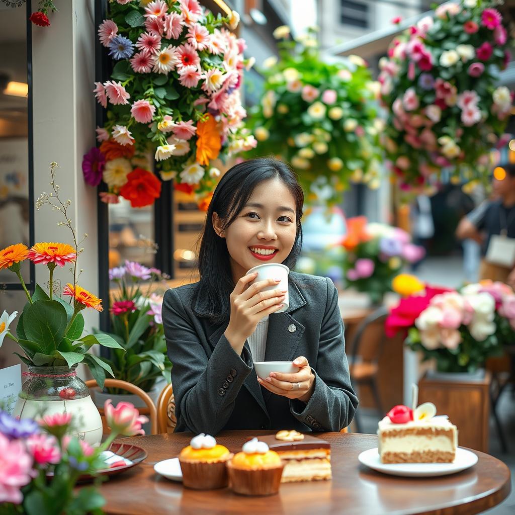A Korean woman sitting at a quaint street café, surrounded by an abundance of colorful flowers and enticing cakes