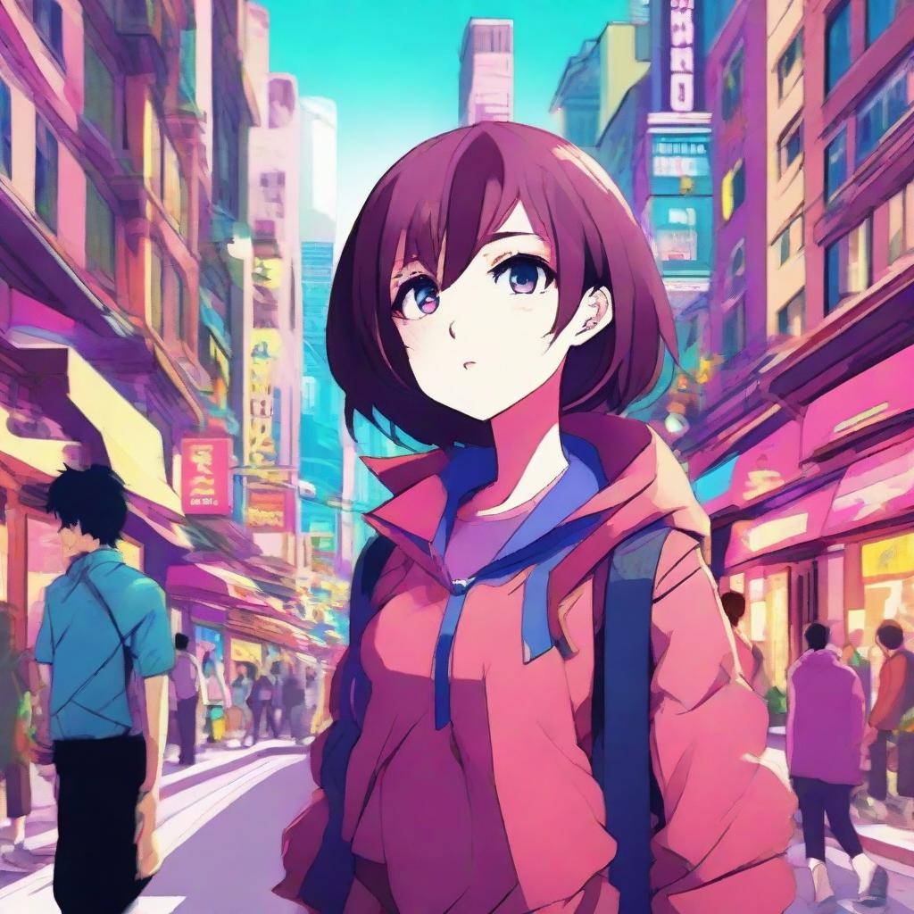 Create an anime-style scene with vibrant colors and intricate details, featuring a spirited main character in a bustling cityscape.