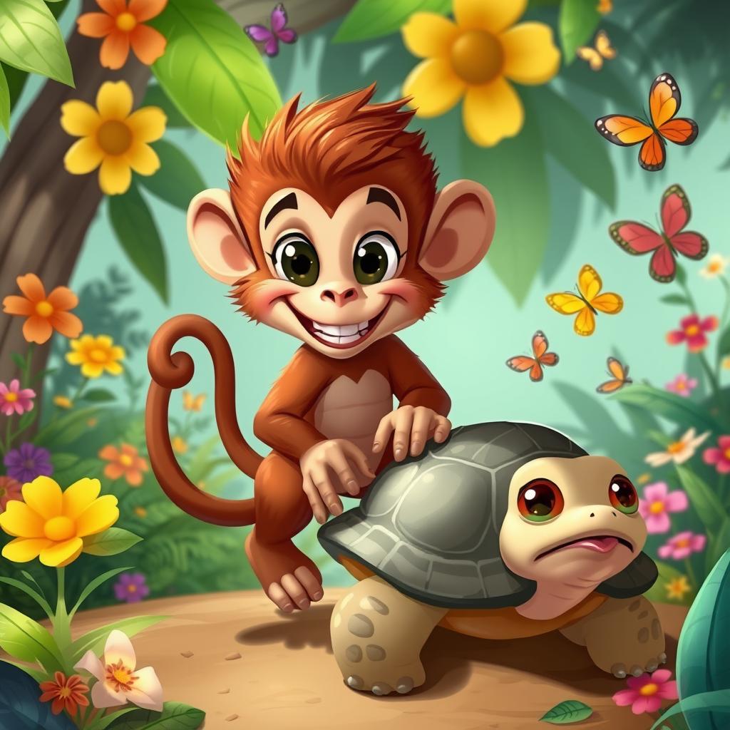 A whimsical 2D cartoon illustration featuring a playful monkey using its tail to assist a turtle
