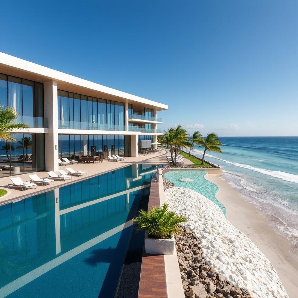 A modern hotel situated along a stunning shoreline, featuring large glass windows that reflect the beautiful ocean view