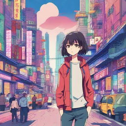 Create an anime-style scene with vibrant colors and intricate details, featuring a spirited main character in a bustling cityscape.