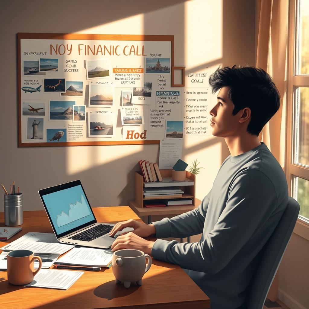 An inspiring and motivational scene depicting a person thoughtfully contemplating their financial future