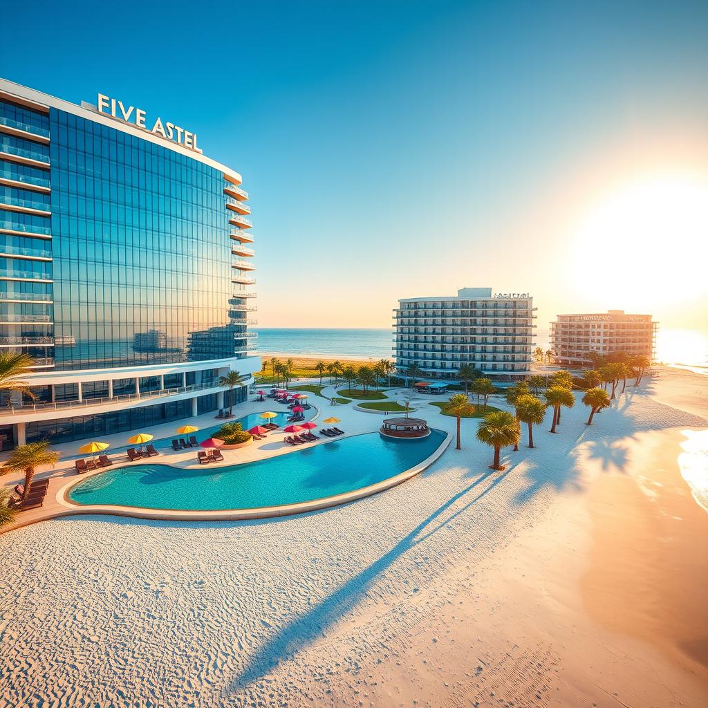 A luxurious five-star hotel located along a scenic shore, featuring a stunning glass facade that reflects the brilliant sun
